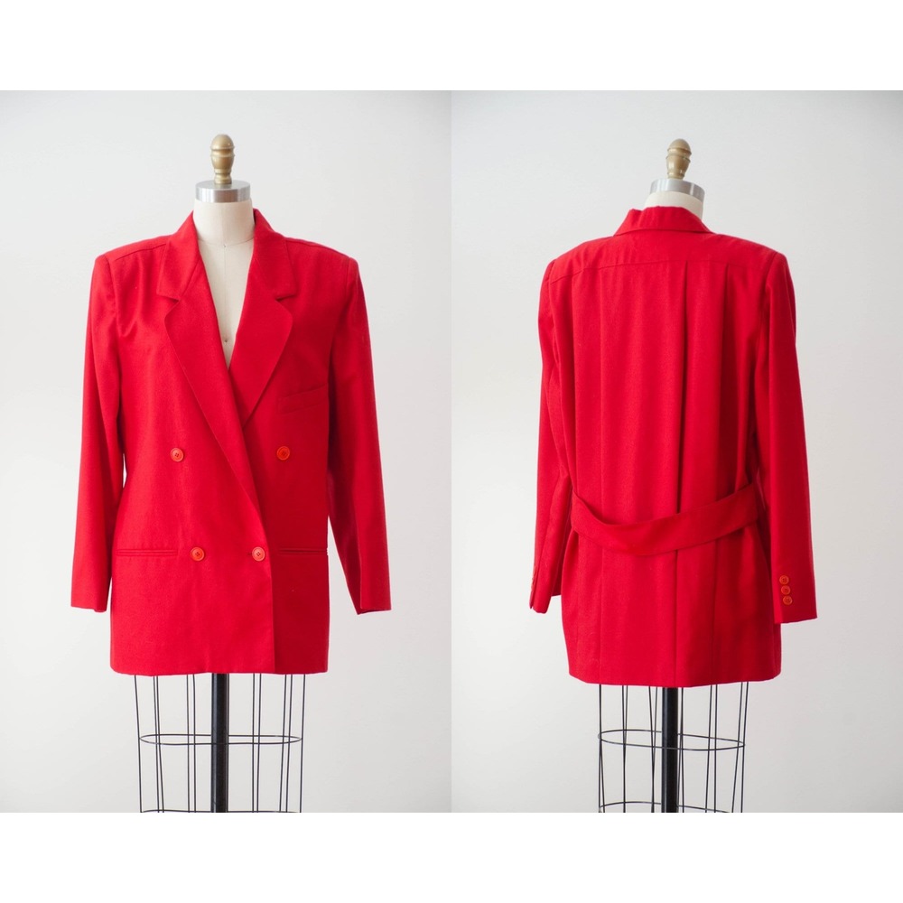 Harve Benard Wool Double Breasted Blazer 90s Vintage Red L Boxy Pleated Back
